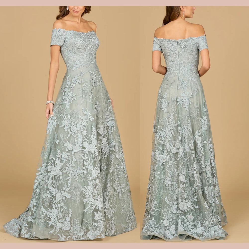 NWT $598 LARA [ 18‎ ] 29122 Off Shoulder A Line Gown Dress in Silver Sage J2069